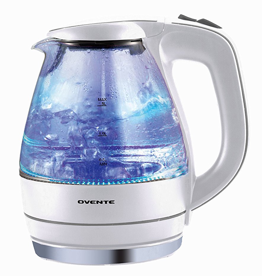 Ovente KG83W 1.5 Liter BPA Free Glass Cordless Electric Kettle, White