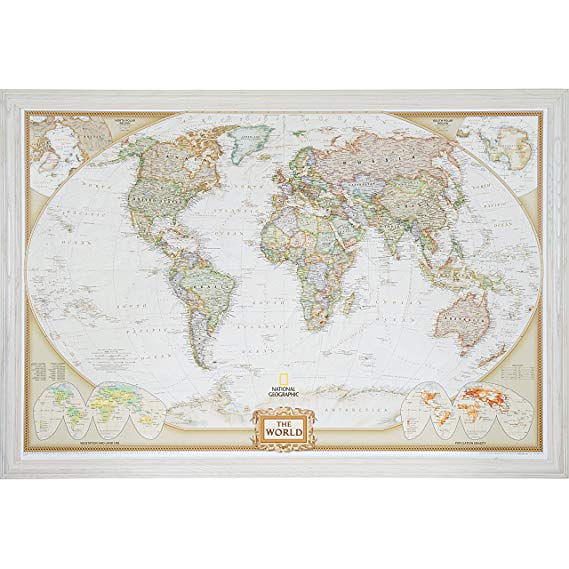 Craig Frames Wayfarer, Executive World Push Pin Travel Map, Traditional Whitewash Solid Wood Frame and Pins, 24 by 36-Inch