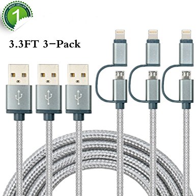 2-in-1 Lightning and Micro USB Cable [3 Pack 3.3 ft] Nylon Braided High Speed Sync and Charging Cable Cord Compatible with iPhone 7/7Plus/6s plus/6s/6 plus/6/5s, iPad /iPod, Samsung, HTC, and More