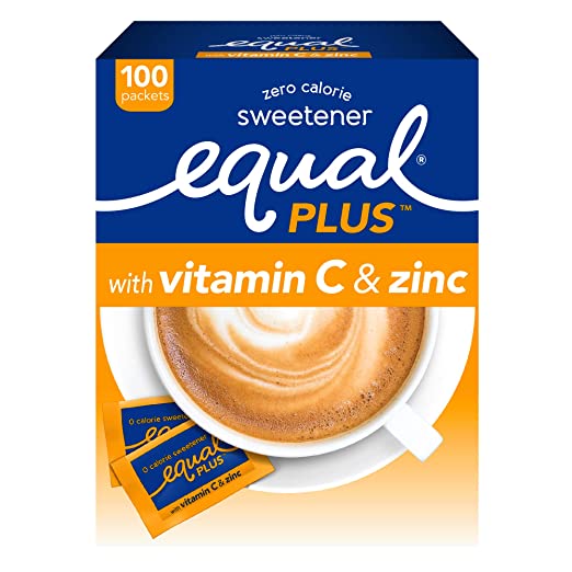 EQUAL PLUS with Vitamin C and Zinc, Zero Calorie Sweetener, Sugar Substitute, Fortified with Vitamin C and Zinc, Aspartame Sweetener, 100 Sweetener Packets (Pack of 3)