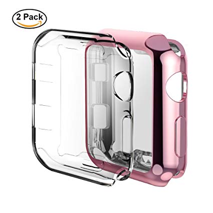 Apple Watch Case Series 4 40MM, Built-in TPU Apple Watch Screen Protector, All-around High Clear iWatch Case, Protective Ultra-Thin Case Cover for Apple Watch Series 4（2pack 1clear 1pink)