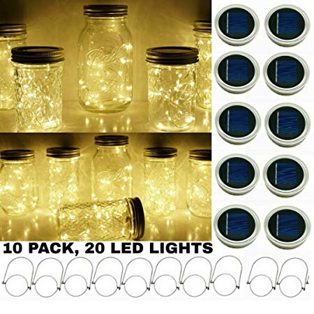 Upgraded Solar Mason Jar String Light Lids, 10 Pack 20 LED Fairy Firefly String Light Inserts with 10 Hangers Starry Lighting, Waterproof and Rust Resist for Patio Lawn Garden Wedding (Warm White)