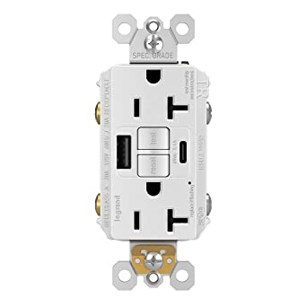 Legrand Radiant USB GFCI Outlet, 20A Tamper-Resistant, Self-Test, Type-A/C, White, 2097TRUSBACW