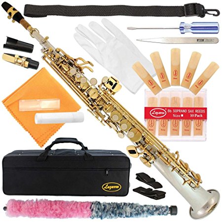 300-2C-SILVER Body/GOLD Keys Bb STRAIGHT SOPRANO Saxophone Sax Lazarro 11 Reeds,Care Kit~22 COLORS~SILVER or GOLD KEYS~CHOOSE YOURS !