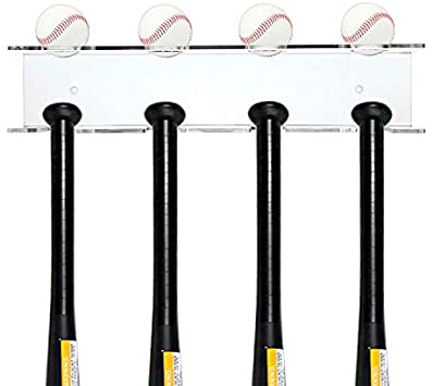 Hipiwe Baseball Bat and Baseball Holder- Wall Mounted Baseball and Bat Display Rack, Clear Acrylic Baseball Bat Wall Hanger, Hold 4 Bats and 4 Balls (4 Slots)