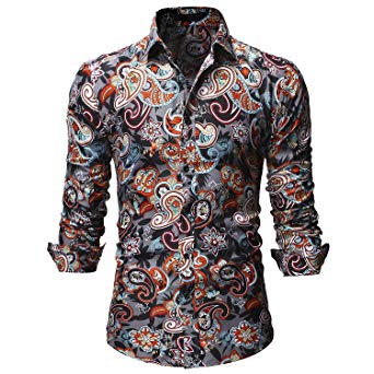 Men's Floral Shirts Print Casual Long Sleeve Slim Fit Button Down Shirt
