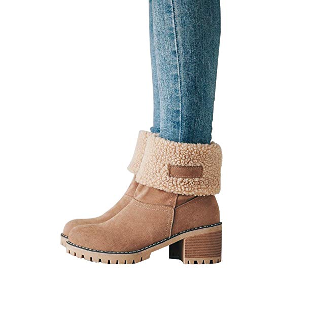 DOTACOKO Women Cute Warm Short Boots Suede Chunky Mid Heel Round Toe Winter Snow Ankle Booties