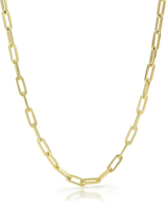 Nuragold 10k Yellow Gold 4mm Paperclip Elongated Rolo Cable Link Chain Pendant Necklace, Womens Jewelry Lobster Clasp 16" 18" 20" 22" 24"