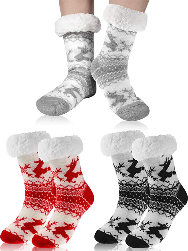 Women Christmas Slipper Socks Fleece Lined Sock Winter Thermal Fuzzy Socks with Grippers 3 Pairs XMAS Gift