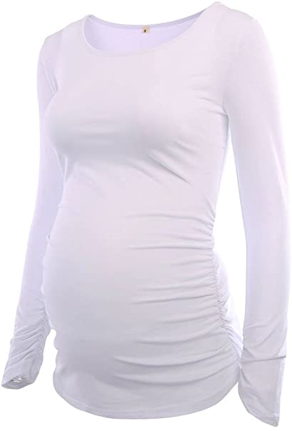 Ecavus Women's Maternity Tops Long Sleeve Clothes Flattering Side Ruched Pregnancy T-Shirt