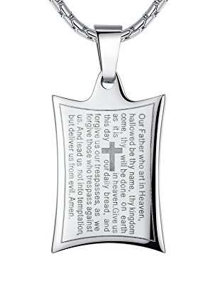 Aoiy Stainless Steel Lord's Prayer and Cross Pendant Necklace, Unisex, 21" Chain