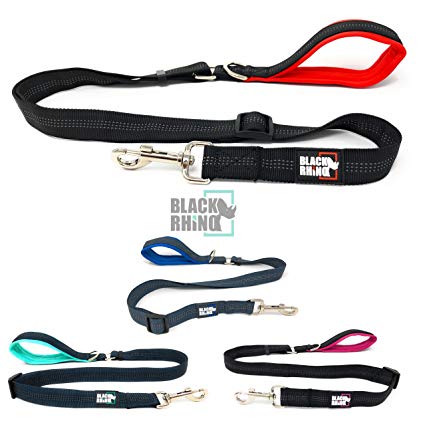 Black Rhino – Dog Leash Adjustable Length (3-5 Feet) with Soft Neoprene Padded Handle | Heavy Duty Lead for Easy Control | Small Medium Large Breeds | Reflective Stitching