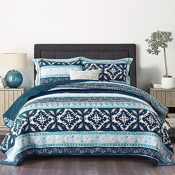 NEWLAKE Cotton Bedspread Quilt Sets-Reversible Patchwork Coverlet Set, Boho Chic Pattern,Twin Size