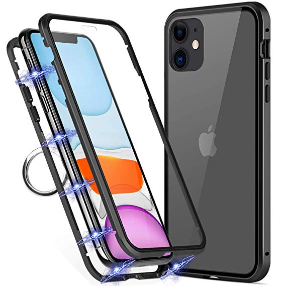 iPhone 11 Case, WHOBEE Magnetic Adsorption Case Metal Frame Front and Back Tempered Glass Full Screen Coverage One-Piece Flip Cover for iPhone 11 6.1 Inch 2019 (Clear Black)