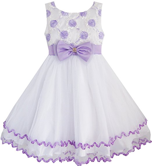 Sunny Fashion Girls Dress Purple Flower White Tulle Pleated Wedding Party