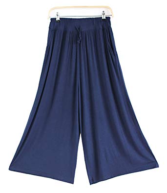 HOW'ON Women's Elastic Waist Wide Leg Casual Palazzo Capri Culottes Pants Soft Knit Cropped Pants with Drawstring