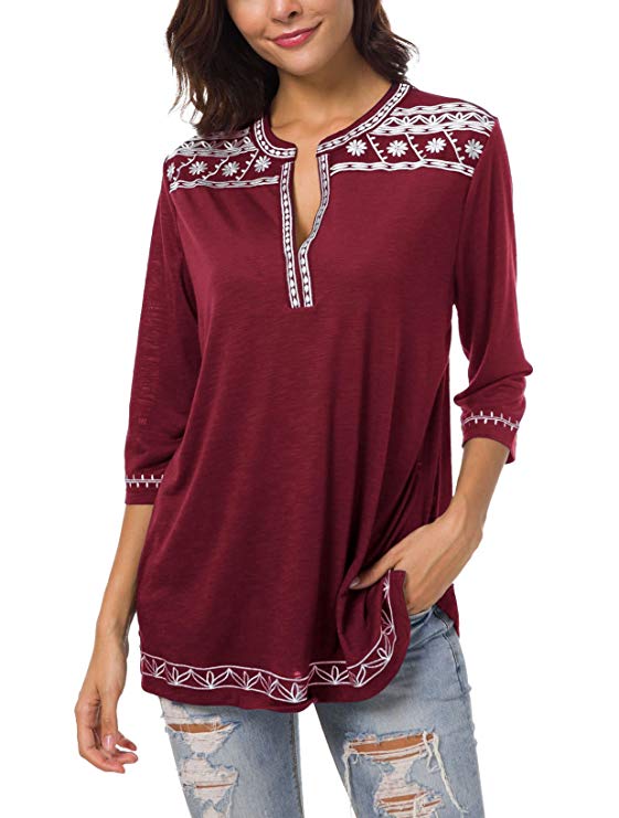 Urban CoCo Women's 3/4 Sleeve Boho Shirts Embroidered Peasant Top