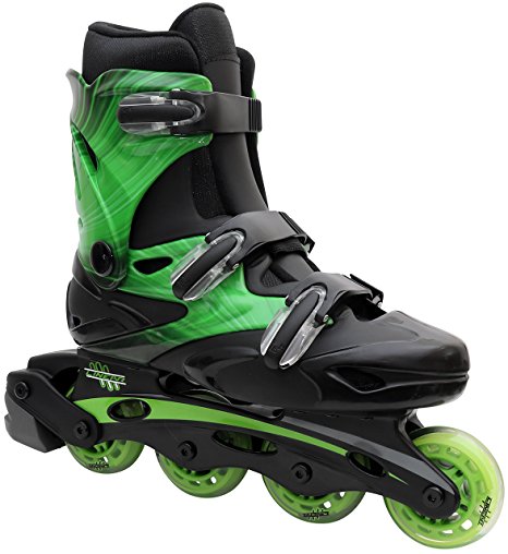 Linear Inline Skates for Adults and Kids in-line roller skate blades | Pain-Free True-Fit | Non-slip wheels | for Men, Women, Boys, Girls (Green Lazer, Purple Camo)