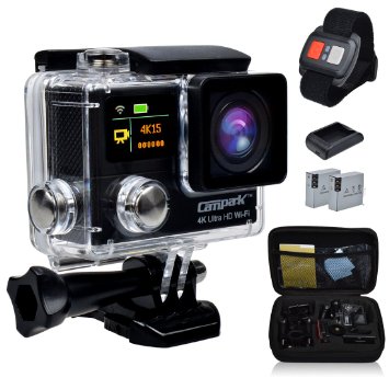 Campark® Sports Action Camera-dual Screen, 4k 25fps, 1080p 60fps,wifi,waterproof RF Remote Control,2pcs Batteries with Free Battery Charger,Shockproof case included.