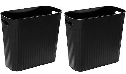 BESUMA Slim Plastic Rectangular Small Trash Can Wastebasket, Garbage Container Bin with Handles for Bathroom, Kitchen, Home Office, Dorm (Black, 3 Gallons-2 Pack)