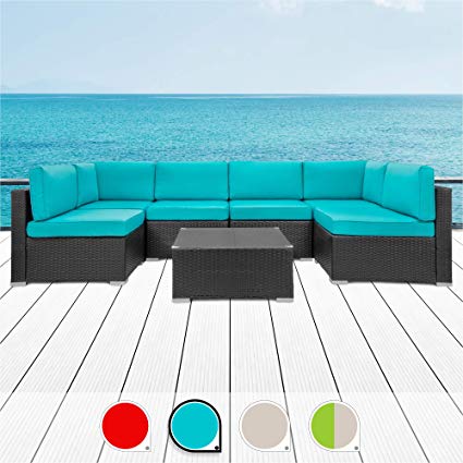 Walsunny 7pcs Patio Outdoor Furniture Sets,All-Weather Rattan Sectional Sofa with Tea Table&Washable Couch Cushions (Black Rattan (Blue)