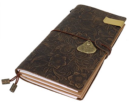 Newest 100% Top Grain Leather Flower Embossed Refillable Vintage Traveler's Notebook Composition Journal BUY 1 Get 5 Accessories-Brown