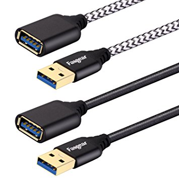 [2 Pack] Fasgear USB Extension Cords, 6 Feet(1.83M) USB 3.0 A-Male to A-Female Extender Cables with Metal Gold-Plated Connector (Black,White)