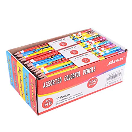Madisi Assorted Colorful Pencils, Incentive Pencils，#2 HB, 10 Dsigns, 150 Pack， pencils bulk for kids
