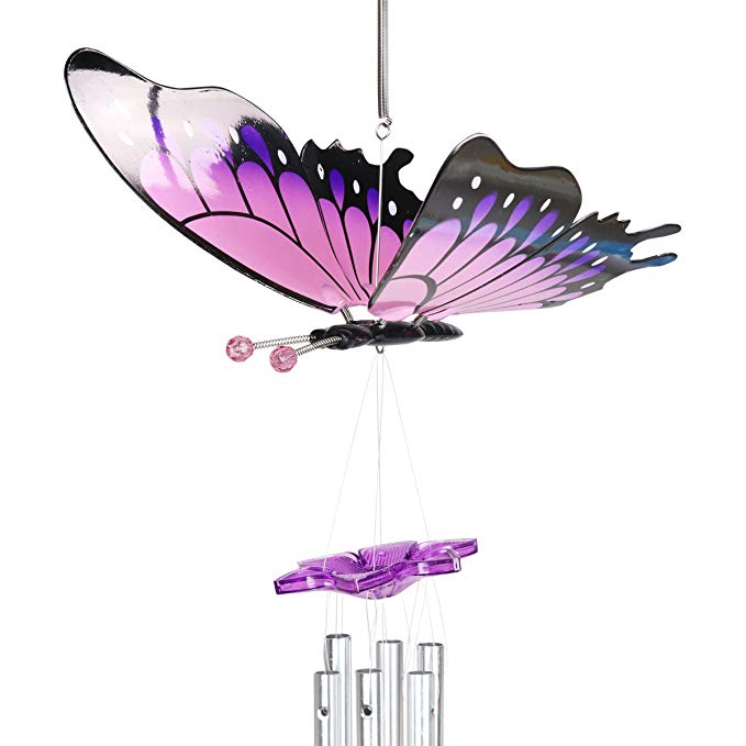 Exhart Outdoor Wind Chimes - WindyWings 12" Purple Butterfly w/ Flapping Wings Musical Wind Chimes - Durable Plastic Butterfly Decor & Metal Pipes, Large Windchimes (12'' W x 10'' H x 24'' H)