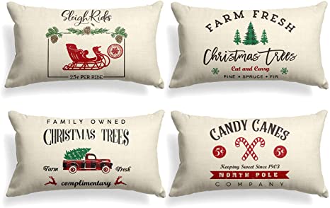 AVOIN Christmas Throw Pillow Cover, 12 x 20 Inch Winter Holiday Rustic Farmhouse Cushion Case for Sofa Couch Set of 4