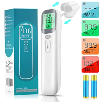 Touchless Ear and Forehead Infrared Thermometer for Adults Baby and Kids,Non-Contact Handheld Infrared Thermometer for Fever Thermometer Gun LCD Display,Fever Alarm Instant Mode 4 in 1