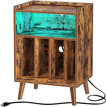 Rolanstar End Table with Charging Station, Record Player Stand with LED Lights, Nightstand with Storage Shelf, Mid-Century Record Storage, for Living Room,Bedroom - Rustic Brown