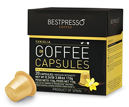 120 Bestpresso Nespresso Compatible Gourmet Coffee Capsules -Flavored Pack Vanilla - Nespresso Pods Alternative - Certified Genuine Espresso - 60 Days Guarantee