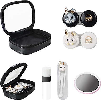 Cute Contact Lens Case Travel Kit Portable Contact Case Container with Mirror, 2 Contact Lens Box, Applicator, Bottle, and Tweezers Included(Rabbit)