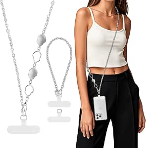 MoKo Phone Chain Crossbody, Metal Cell Phone Lanyard, Universal Phone Lanyard Strap for iPhone, Samsung, Most Smartphones, Phone Crossbody Strap × 1, Wrist Strap x 1, Lanyard Patches × 2, Silver