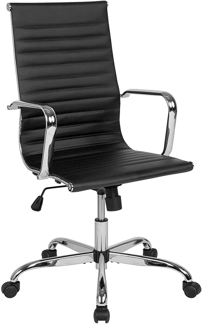 Flash Furniture High Back Black LeatherSoft Mid-Century Modern Ribbed Swivel Office Chair with Spring-Tilt Control and Arms, BIFMA Certified