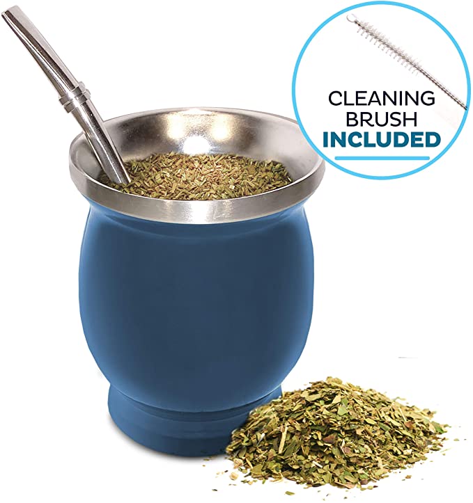 Yerba Mate Natural Gourd/Tea Cup Set Blue (Original Traditional Mate Cup - 8 Ounces) | Includes Bombilla (Yerba Mate Straw) & Cleaning Brush | Blue Stainless Steel | Double-Walled | Easy to Clean