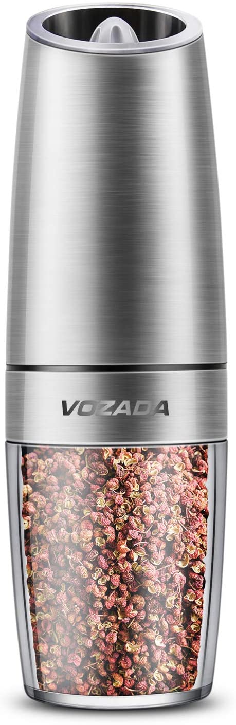 Vozada Electric Gravity Pepper Grinder or Salt Mill with Adjustable Coarseness Battery Powered with Led Light Stainless Steel (Silver)