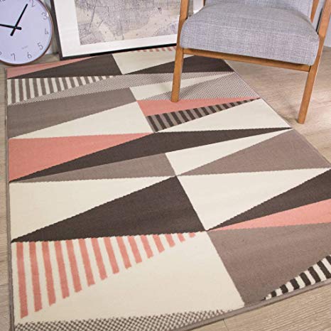 Milan Grey Silver Pink Cream Modern Harlequin Triangles Traditional Living Room Rug