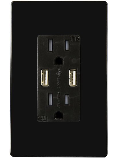TOPGREENER TU2154A 4A High Speed USB Charger Receptacle 15A Tamper-Resistant Outlet w 2 Wall Plates Black