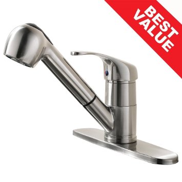 KINGO HOME Modern Touch On Brushed Nickel Single Handle Stainless Steel Pull Out Sprayer Kitchen Sink Faucets, with Escutcheons