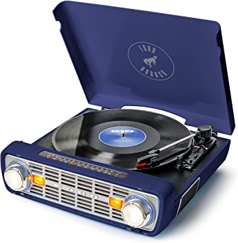 ION Audio Bronco LP-Vintage Turntable/Vinyl Record Player with Speakers, AM/FM Radio, USB and Aux inputs – Blue Navy Finish