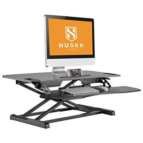 HUSKK Standing Desk Sit-Stand Desk Converter for Laptop, Desktop, Height Adjustable, Ergonomic, Gas Spring Arm, Free Standing, Easy Installation, Sit-Stand (Medium, Black[DSK006-02])