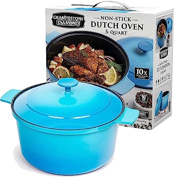 Granitestone Lightweight Dutch Oven Pot with Lid, 5 Qt Nonstick Dutch Oven Pot, 10 in 1 Enamel Dutch Oven for Baking Bread, Heat Preserving, Stovetop Oven & Dishwasher Safe, 100% Toxin Free–Blue