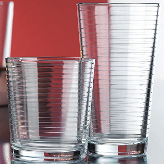 Set of 16 Heavy Base Ribbed Durable Drinking Glasses Includes 8 Cooler Glasses(17oz) and 8 Rocks Glasses(13oz), 16-piece Elegant Glassware Set