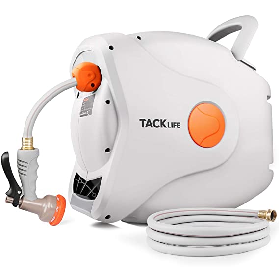 TACKLIFE Automatic Retractable Garden Hose Reel with 7-Function Spray Gun, 82 ft 5/8'' 8ft Lead in Hose, Rubber Tube, 180°Rotation, Suitable for Garden Watering, Car/Machine Washing GHR5A