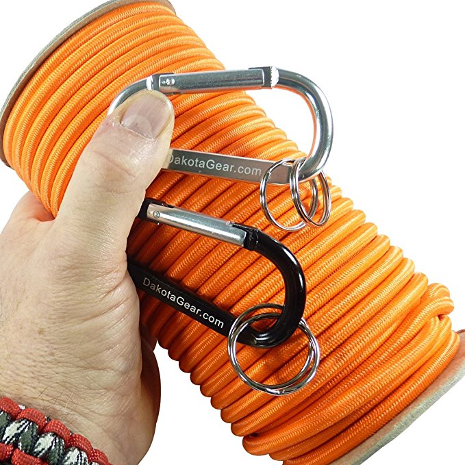 Shock Cord - Marine Grade. 1/8", 3/16", 1/4" Diameter, 25 / 50 / 100 ft. 6 Colors. Includes 2 Carabiners & Knot Tying eBook. Made in USA. Also called bungee cord, stretch cord & elastic cord.