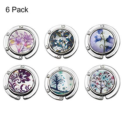 FOME Handbag Hanger, Set of 6 Foldable Purse Hook Purse Table Hook Holder Flower and Tree Pattern Bag Hanger Hook 3.54x1.77in Mixed Color