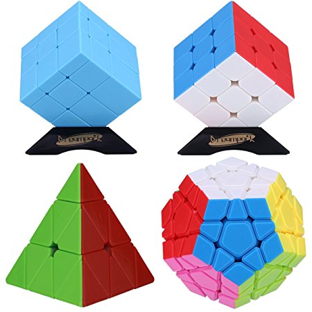 Dreampark 4-Pack Populer Stickerless Magic Cube Puzzle - Includes 3x3x3 Magic Cube, Pyraminx Pyramid Speed Cube, Megaminx Cube and Mirror Cube