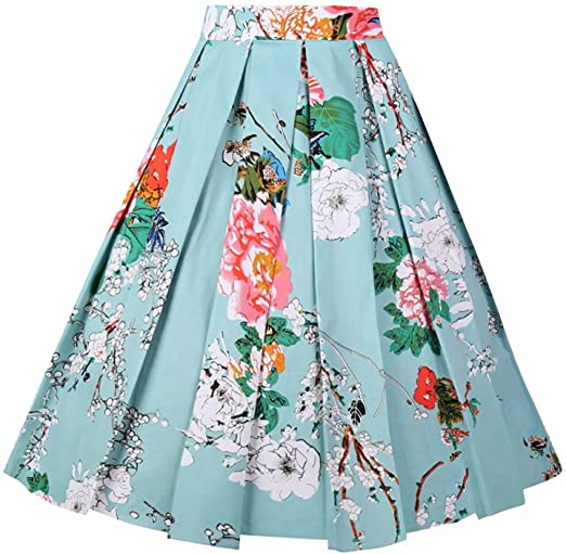 Dressever Women's Vintage A-line Printed Pleated Flared Midi Skirts